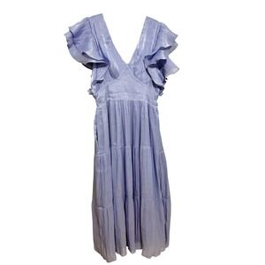 Endless Rose Ocean Blue Metallic Ruffle Sleeve Tiered Maxi Dress Sz- L NEW TAGS